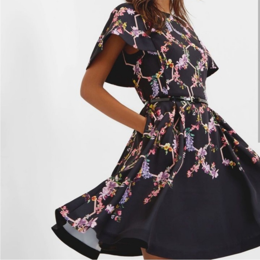 Ted Baker Black Dress with Pink Floral Design Uk 1 (US 4)